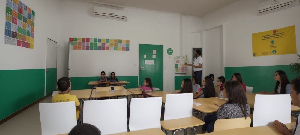 Educação Cidadã: Alunos Discutindo Direitos Humanos e Justiça Social Ilustração de alunos em sala de aula debatendo direitos humanos e justiça social, promovendo a educação cidadã.