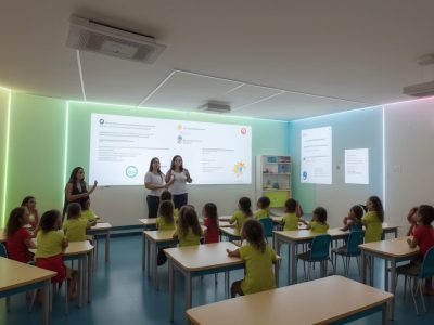 Alunos realizando experimentos de ciências em sala de aula, promovendo a alfabetização científica e o ensino dinâmico.
