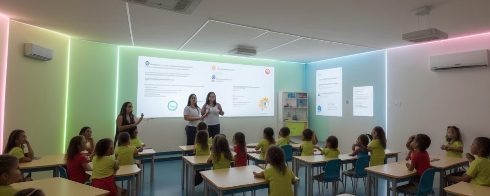 Alunos realizando experimentos de ciências em sala de aula, promovendo a alfabetização científica e o ensino dinâmico.