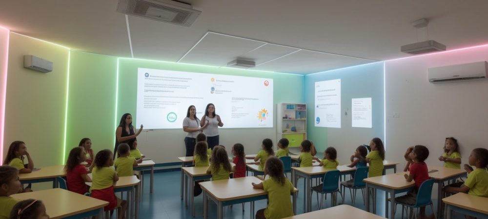 Alunos realizando experimentos de ciências em sala de aula, promovendo a alfabetização científica e o ensino dinâmico.