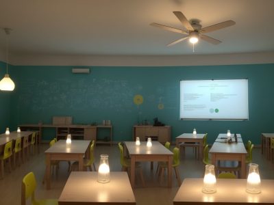 Professor conduzindo experimento de ciências com alunos, demonstrando educação científica interativa e prática.