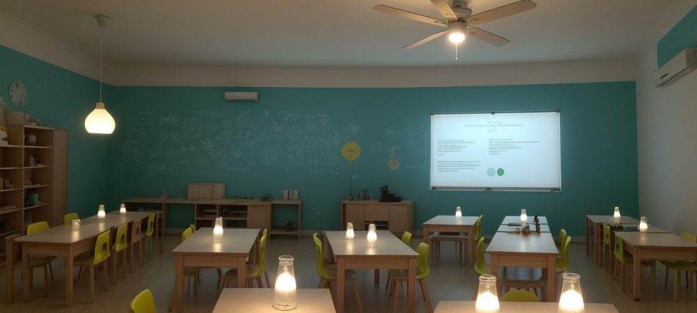 Professor conduzindo experimento de ciências com alunos, demonstrando educação científica interativa e prática.