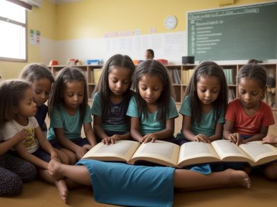 Crianças em sala de aula com um professor, demonstrando atividades práticas de ensino religioso e educação cristã para formação de valores.