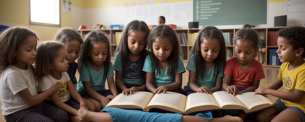Crianças em sala de aula com um professor, demonstrando atividades práticas de ensino religioso e educação cristã para formação de valores.