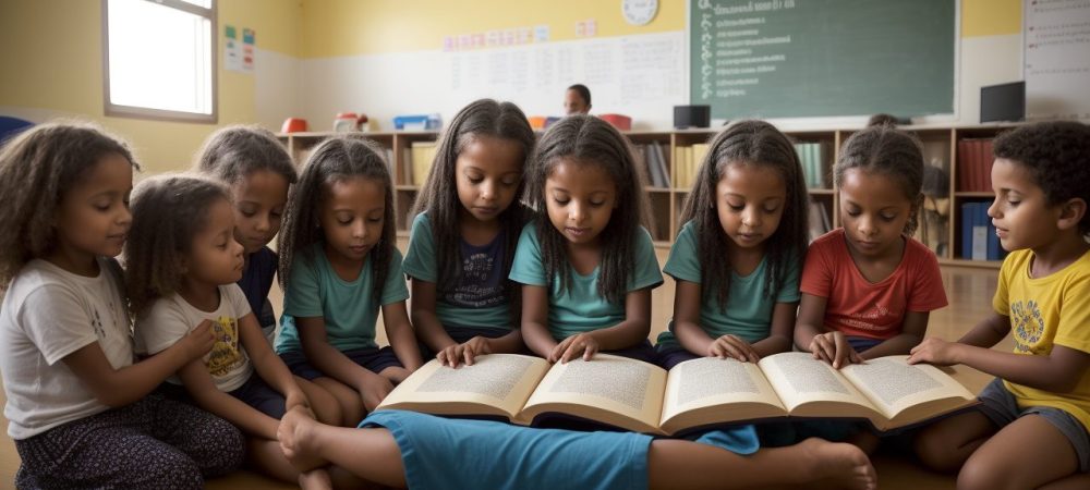 Crianças em sala de aula com um professor, demonstrando atividades práticas de ensino religioso e educação cristã para formação de valores.