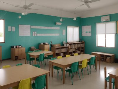 Imagem mostrando uma sala de aula iluminada, com alunos engajados em atividades de ensino religioso, usando ferramentas modernas e promovendo a educação cristã.