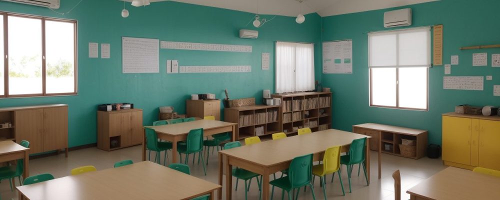 Imagem mostrando uma sala de aula iluminada, com alunos engajados em atividades de ensino religioso, usando ferramentas modernas e promovendo a educação cristã.
