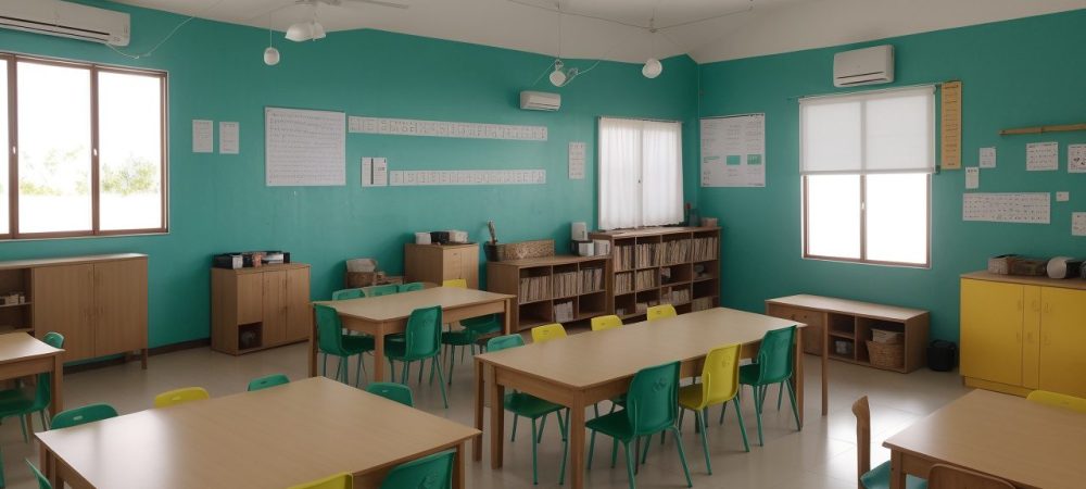 Imagem mostrando uma sala de aula iluminada, com alunos engajados em atividades de ensino religioso, usando ferramentas modernas e promovendo a educação cristã.