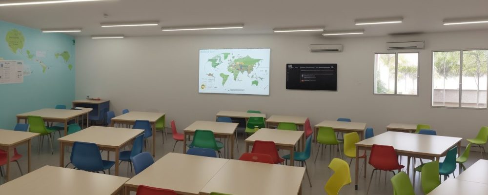 Imagem ilustrando a educação empreendedora em ação em uma sala de aula moderna, com estudantes engajados e tecnologia.