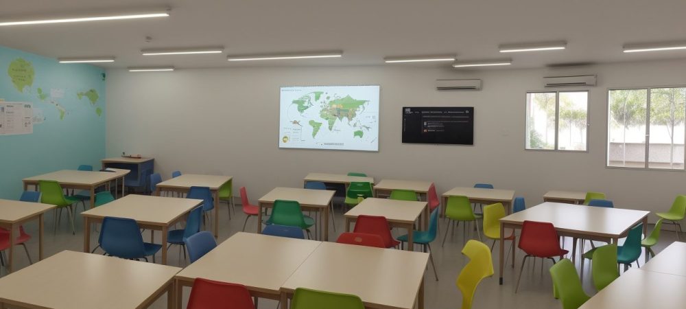 Imagem ilustrando a educação empreendedora em ação em uma sala de aula moderna, com estudantes engajados e tecnologia.