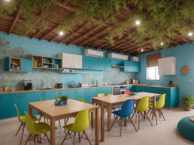 Alunos engajados em atividades de educação empreendedora, demonstrando criatividade e colaboração em sala de aula moderna.