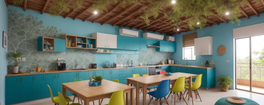 Alunos engajados em atividades de educação empreendedora, demonstrando criatividade e colaboração em sala de aula moderna.