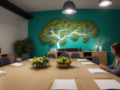 Ilustração de educação empreendedora no setor público, mostrando servidores trabalhando em projetos inovadores, com foco em habilidades de liderança e colaboração.