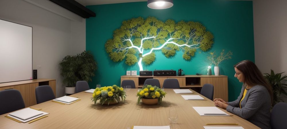 Ilustração de educação empreendedora no setor público, mostrando servidores trabalhando em projetos inovadores, com foco em habilidades de liderança e colaboração.