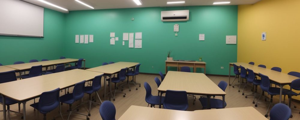 Imagem de uma sala de aula inclusiva com professor e alunos, demonstrando adaptação curricular e recursos pedagógicos na educação especial.