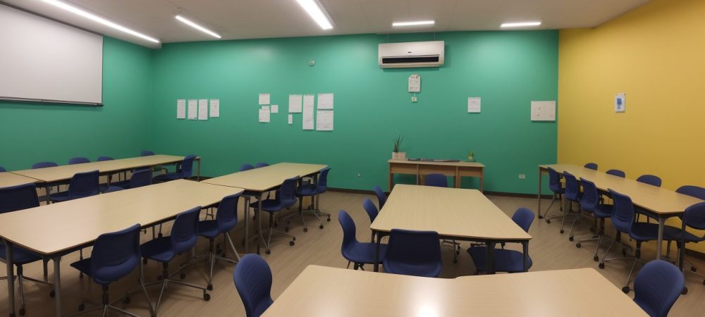 Imagem de uma sala de aula inclusiva com professor e alunos, demonstrando adaptação curricular e recursos pedagógicos na educação especial.