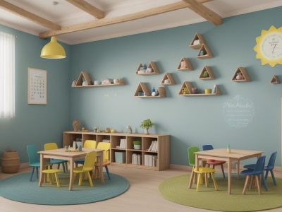 Crianças em sala de aula inclusiva, com recursos visuais e professor adaptando o currículo de educação especial