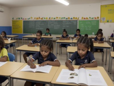 Sala de aula inclusiva com recursos pedagógicos e plano de ensino individualizado, focada em educação especial
