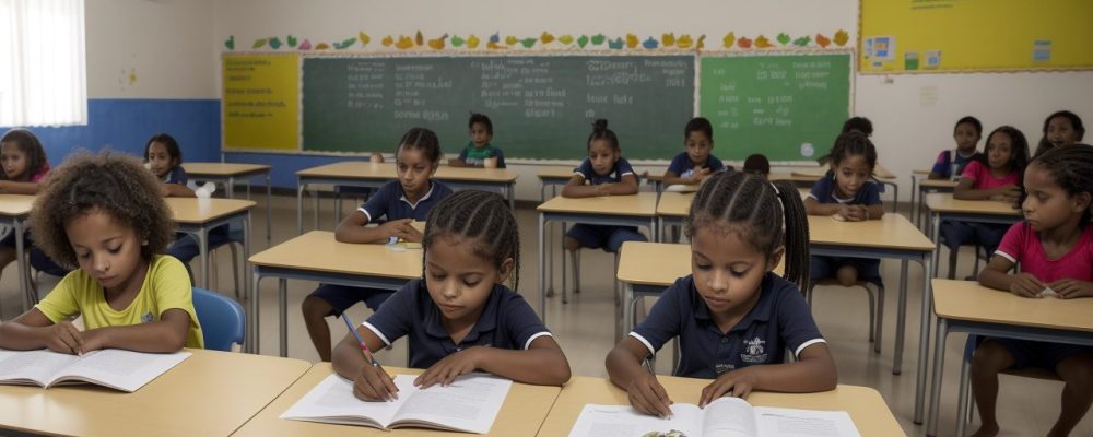 Sala de aula inclusiva com recursos pedagógicos e plano de ensino individualizado, focada em educação especial