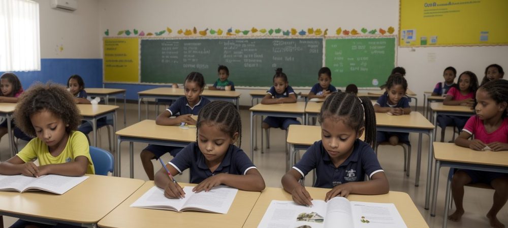 Sala de aula inclusiva com recursos pedagógicos e plano de ensino individualizado, focada em educação especial