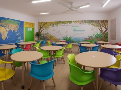 Imagem que mostra sala de aula inclusiva com alunos de educação especial interagindo e aprendendo juntos. O objetivo é ilustrar a importância da educação inclusiva e os benefícios para todos os alunos.