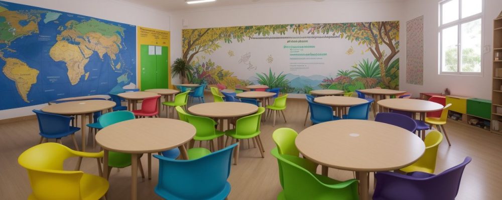 Imagem que mostra sala de aula inclusiva com alunos de educação especial interagindo e aprendendo juntos. O objetivo é ilustrar a importância da educação inclusiva e os benefícios para todos os alunos.
