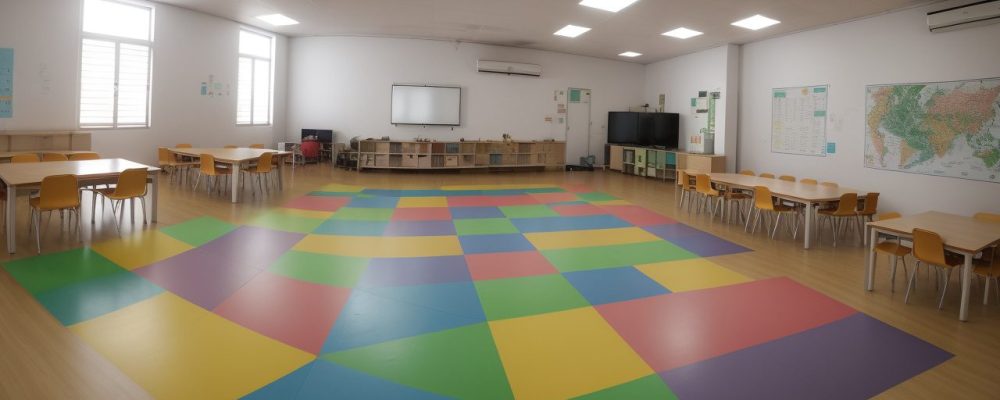 Alunos com deficiência física em sala de aula inclusiva, interagindo com educadores e recursos pedagógicos adaptados.