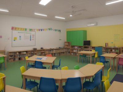 Professora interagindo com alunos em sala de aula, demonstrando estratégias de educação especial e inclusiva, com foco em necessidades educacionais especiais.