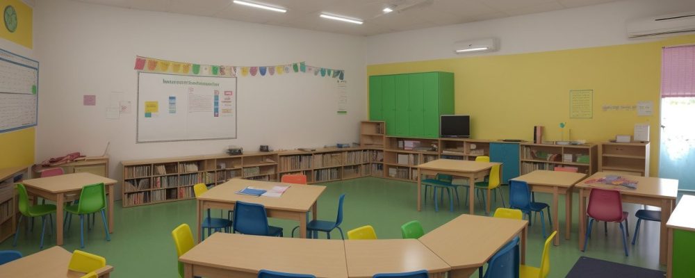 Professora interagindo com alunos em sala de aula, demonstrando estratégias de educação especial e inclusiva, com foco em necessidades educacionais especiais.