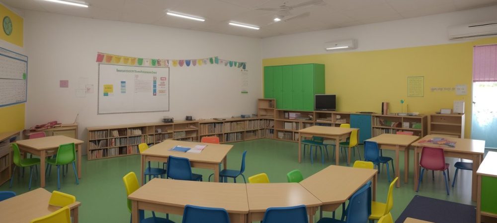 Professora interagindo com alunos em sala de aula, demonstrando estratégias de educação especial e inclusiva, com foco em necessidades educacionais especiais.