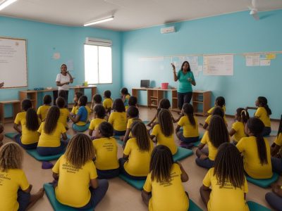 Ambiente escolar inclusivo com alunos colaborando e materiais adaptados na sala de aula.