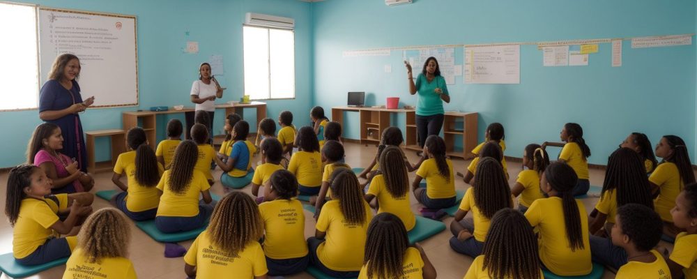 Ambiente escolar inclusivo com alunos colaborando e materiais adaptados na sala de aula.