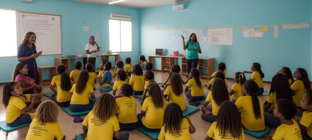 Ambiente escolar inclusivo com alunos colaborando e materiais adaptados na sala de aula.
