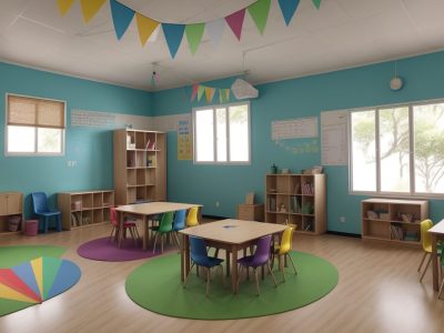 Crianças aprendendo em sala de aula inclusiva, com foco em adaptações curriculares e necessidades educacionais especiais.