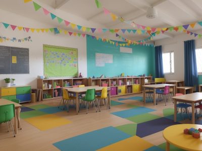 Professora auxiliando alunos em sala de aula inclusiva, com foco em educação especial e adaptação curricular.