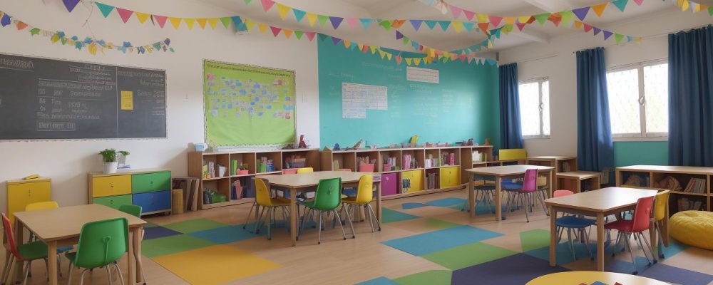 Professora auxiliando alunos em sala de aula inclusiva, com foco em educação especial e adaptação curricular.