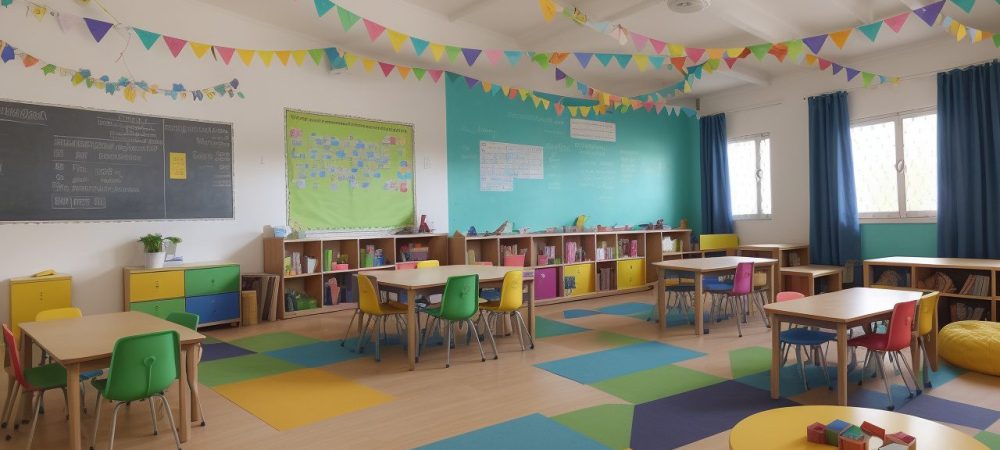 Professora auxiliando alunos em sala de aula inclusiva, com foco em educação especial e adaptação curricular.