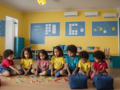 Crianças aprendendo sobre educação financeira e consumo consciente em sala de aula com atividades práticas e lousa com informações