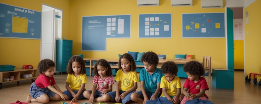 Crianças aprendendo sobre educação financeira e consumo consciente em sala de aula com atividades práticas e lousa com informações