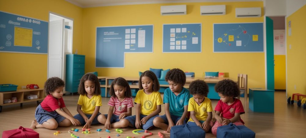 Crianças aprendendo sobre educação financeira e consumo consciente em sala de aula com atividades práticas e lousa com informações