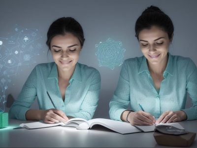 Ilustração de uma pessoa organizando finanças pessoais com planilha de orçamento e gráficos, representando educação financeira e planejamento.