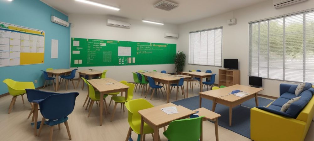 Educação Financeira nas Escolas: Alunos Aprendendo e Investindo Estudantes aprendendo educação financeira em sala de aula, com foco em planejamento financeiro e investimentos.