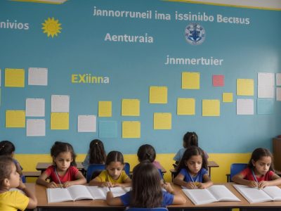 Crianças aprendendo sobre educação fiscal em sala de aula, com foco em cidadania e impostos.