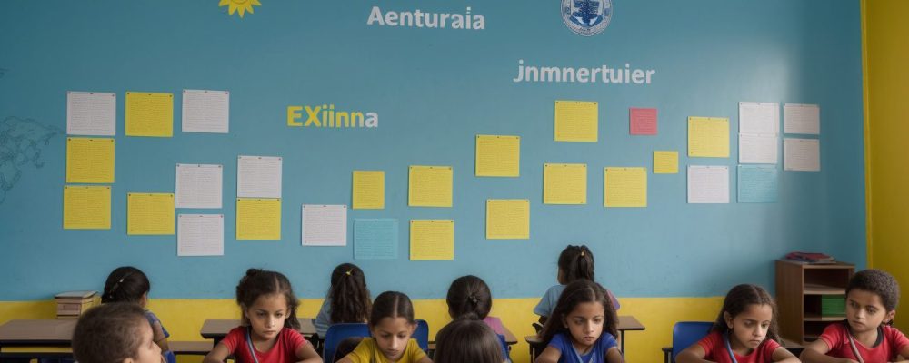 Crianças aprendendo sobre educação fiscal em sala de aula, com foco em cidadania e impostos.