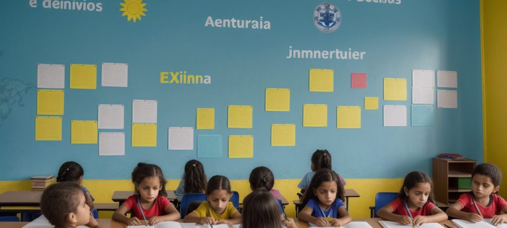 Crianças aprendendo sobre educação fiscal em sala de aula, com foco em cidadania e impostos.