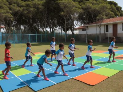 Alunos participando de atividades adaptadas de educação física em um ambiente escolar inclusivo, com foco em promover a diversidade e a participação de todos.