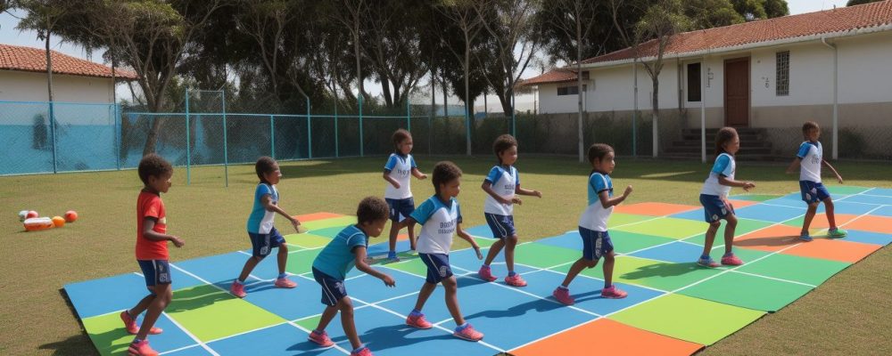 Alunos participando de atividades adaptadas de educação física em um ambiente escolar inclusivo, com foco em promover a diversidade e a participação de todos.