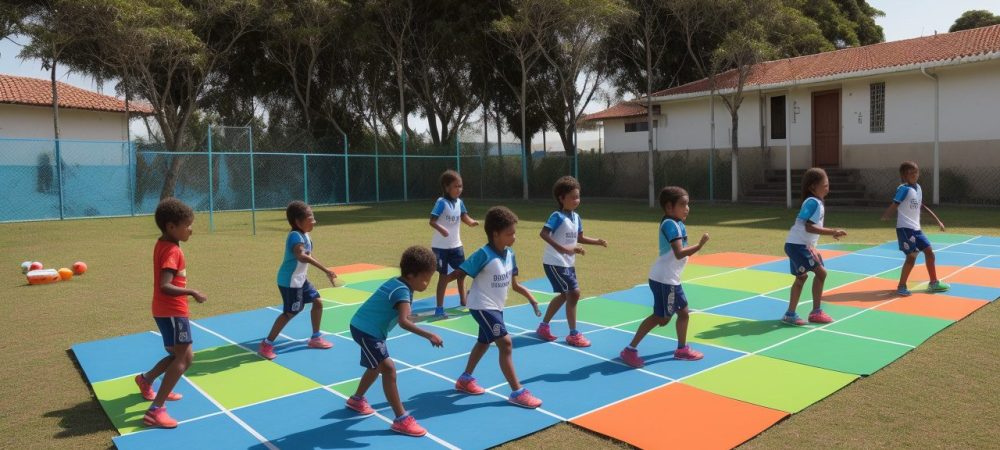 Alunos participando de atividades adaptadas de educação física em um ambiente escolar inclusivo, com foco em promover a diversidade e a participação de todos.