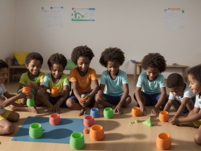 Crianças de diferentes habilidades participando de atividades adaptadas de educação física, demonstrando inclusão e diversidade.