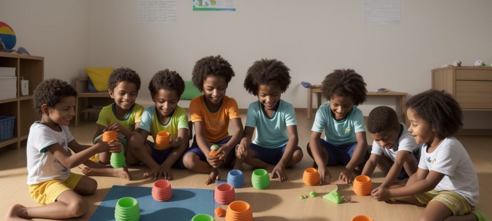 Crianças de diferentes habilidades participando de atividades adaptadas de educação física, demonstrando inclusão e diversidade.